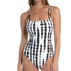 La Blanca Sz 14 Swimsuit One Piece Twisted Bamboo Tummy Control Brown White